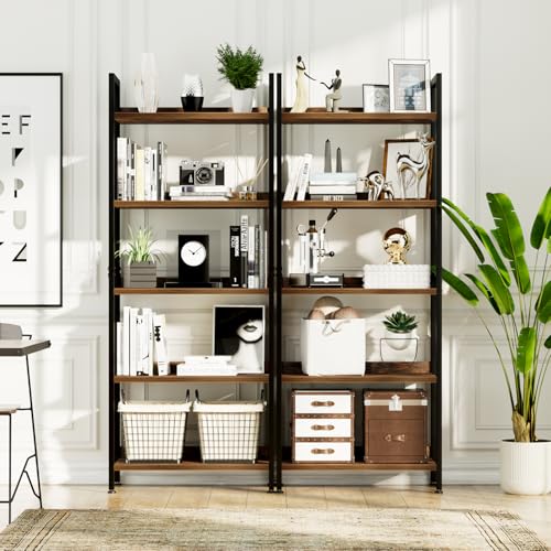 NUMENN 5 Tier Bookshelf Floor Mount Vintage Style Metal and Engineered Wood Bookcase