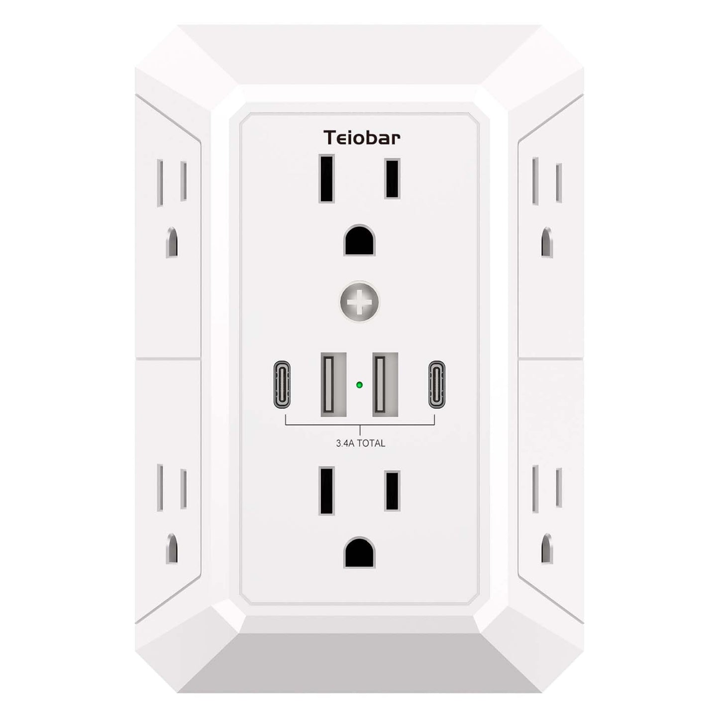 Teiobar Surge Protector 6 Outlets 4 USB Ports 125 Volts 15 Amps 1875 Watts White