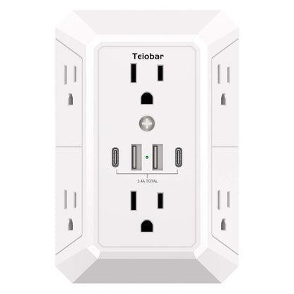 Teiobar Surge Protector 6 Outlets 4 USB Ports 125 Volts 15 Amps 1875 Watts White