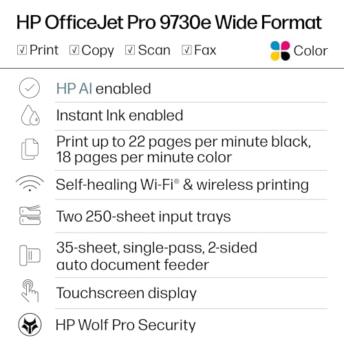 HP OfficeJet Pro 9730e Color Inkjet Printer 4800 x 1200 22.0 B&W 18.0 Color A4 Printer