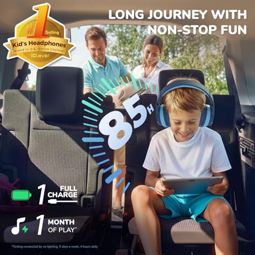 iClever BTH12 Kids Bluetooth Headphones Wireless, 85 Hours Playtime, 74/85dBA Volume Limitation, Bluetooth 5.2 Connectivity, Over Ear, Detachable Audio Cable, Comfortable Design, Blue