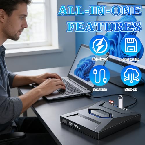 Linyuant External Blu-ray Drive BD/DVD/CD Optical Writer USB-A/USB-C