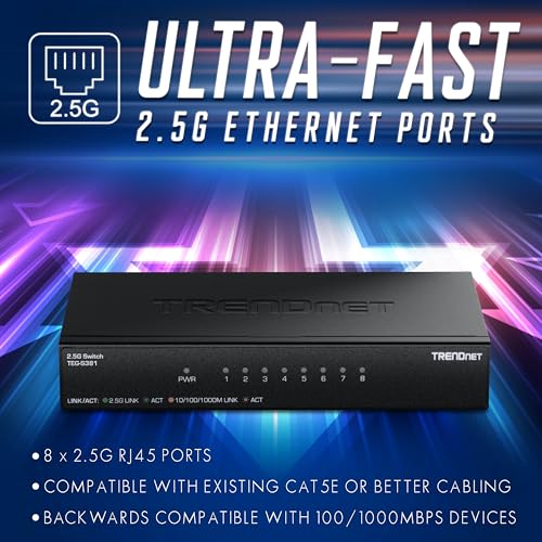 TRENDnet 8-Port TEG-S381 2.5G Switch, 8 x 2.5G RJ45 Ports, 40Gbps Capacity, Ethernet Splitter