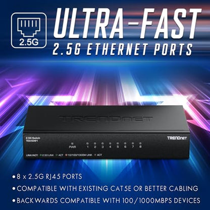 TRENDnet 8-Port TEG-S381 2.5G Switch, 8 x 2.5G RJ45 Ports, 40Gbps Capacity, Ethernet Splitter