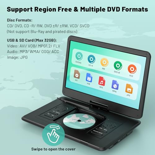 POFOTO 15.6" PD15 Portable DVD Player, 1280 x 800 Resolution, 5000mAh Battery, Black
