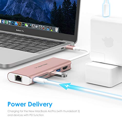 LENTION USB C Hub with 6 Ports, 4K HDMI, Dual USB 3.0, SD Card Reader, Type C Charging, Ethernet, Model CB-TP-C68-ROG-US-1