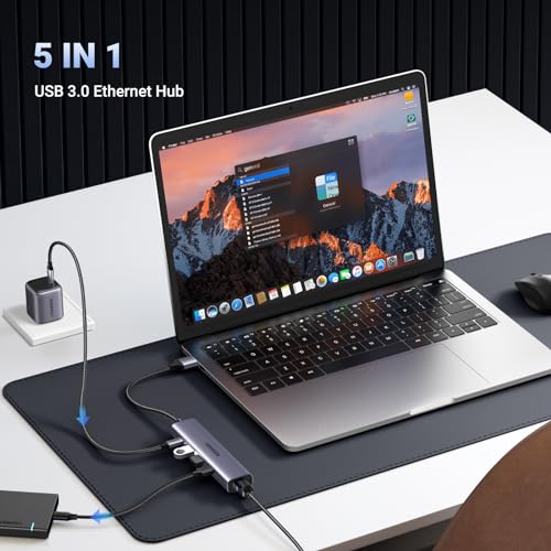 UGREEN 5-Port USB Hub with Gigabit Ethernet RJ45 3x USB 3.0 Ports, Aluminum Enclosure, Compatible with Windows, Mac OS, Linux, and Chrome OS