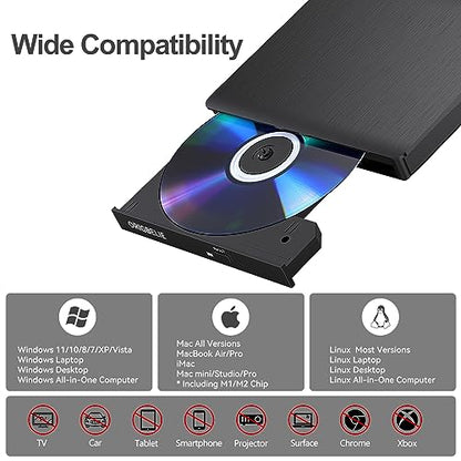 ORIGBELIE Portable External CD/DVD Drive BT524 USB 3.0 24x CD 8x DVD