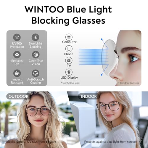 WINTOO 5 Count WTBL012 99% Blue Light Blocking Full Rim Square Glasses