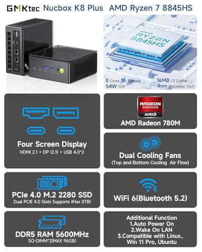 GMKtec Mini PC K8 PLUS AMD Ryzen 7 8845HS 5GHz 32GB DDR5 512GB PCIe 4.0 SSD