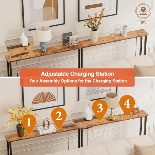 Keelian 78IN ST-78-01 Console Table with Power Outlets & USB Ports, Metal Frame, Rustic Brown