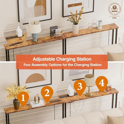 Keelian 78IN ST-78-01 Console Table with Power Outlets & USB Ports, Metal Frame, Rustic Brown