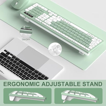 RECCAZR Full-Sized Wireless Keyboard and Mouse Combo 2.4GHz USB Receiver Light Green USB