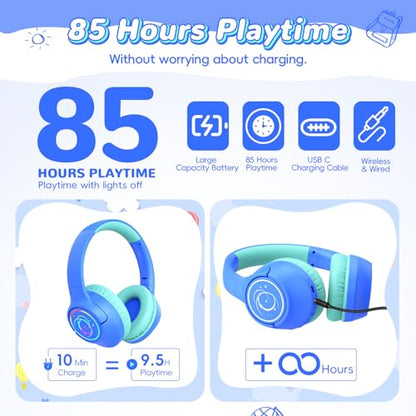 Botesty Sound BS01 Kids Bluetooth Headphones, 3.5mm Jack, 85dB Safe Volume, Blue, Over Ear