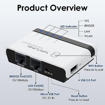 WAVLINK Wireless Print Server 2025 USB WiFi Print Server Wired/Wireless/Standalone Modes