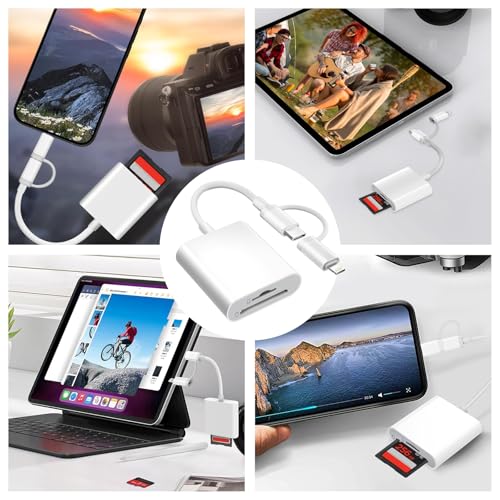 Denlane SD Card Reader Dual Connector Adapter for iPhone/iPad/Mac, USB C & Lightning, Plug & Play, Compatible with Various SD Formats