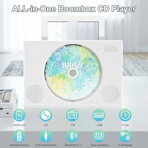Jimwey Portable CD Player Boombox CD7-001 5V2A Stereo Battery Powered