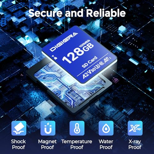 DIGIERA 128GB DGCS100 SDXC UHS-I Memory Card - Up to 100MB/s Read Speed, Class 10, U3, V30, Waterproof, Shockproof, Temperature Resistant