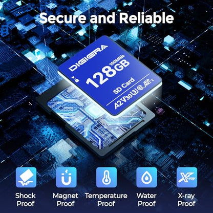 DIGIERA 128GB DGCS100 SDXC UHS-I Memory Card - Up to 100MB/s Read Speed, Class 10, U3, V30, Waterproof, Shockproof, Temperature Resistant
