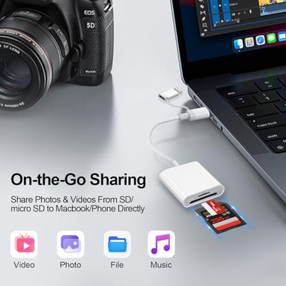 Denlane SD Card Reader Dual Connector Adapter for iPhone/iPad/Mac, USB C & Lightning, Plug & Play, Compatible with Various SD Formats