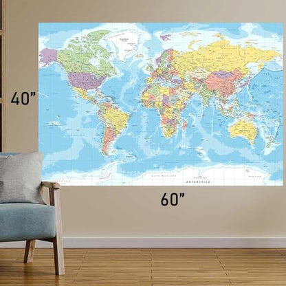 ICTEISOM 60" x 40" Tapestry Wall Hanging, Educational World Map, Fabric, Indoor Use, Rectangular, Unframed, Blue