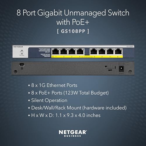NETGEAR 8-Port Gigabit Ethernet PoE Unmanaged Switch GS108PP, 240V, 1Gbps, Rackmount & Wall Mount, Limited Lifetime