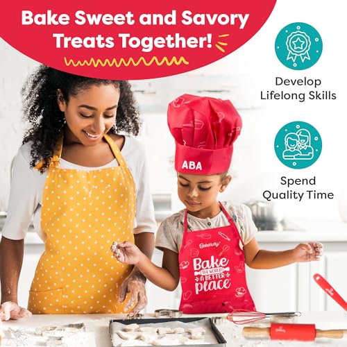 Baketivity Chef Hat and Apron Set for Kids One Size Adjustable Durable Fabric Kitchen Cooking Kit