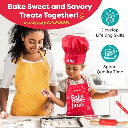 Baketivity Chef Hat and Apron Set for Kids One Size Adjustable Durable Fabric Kitchen Cooking Kit