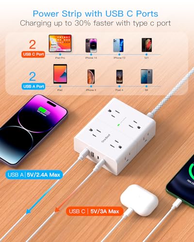 One Beat Power Strip 15 FT 8 AC Outlets 4 USB Ports Model 1 Rectangular White & Grey Surge Protector