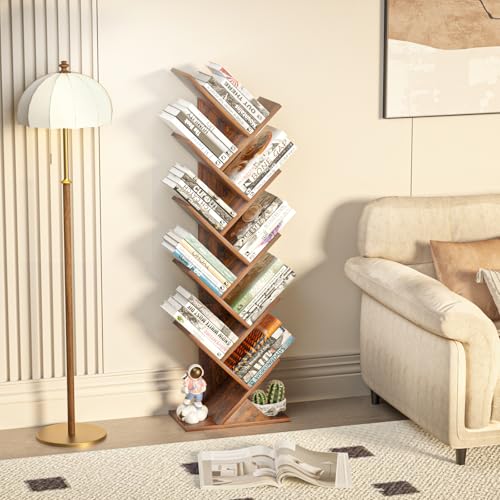SHEEPAM 10 Tier Tree Book Shelf, Floor Mount, Wood, Unfinished Finish, Freestanding