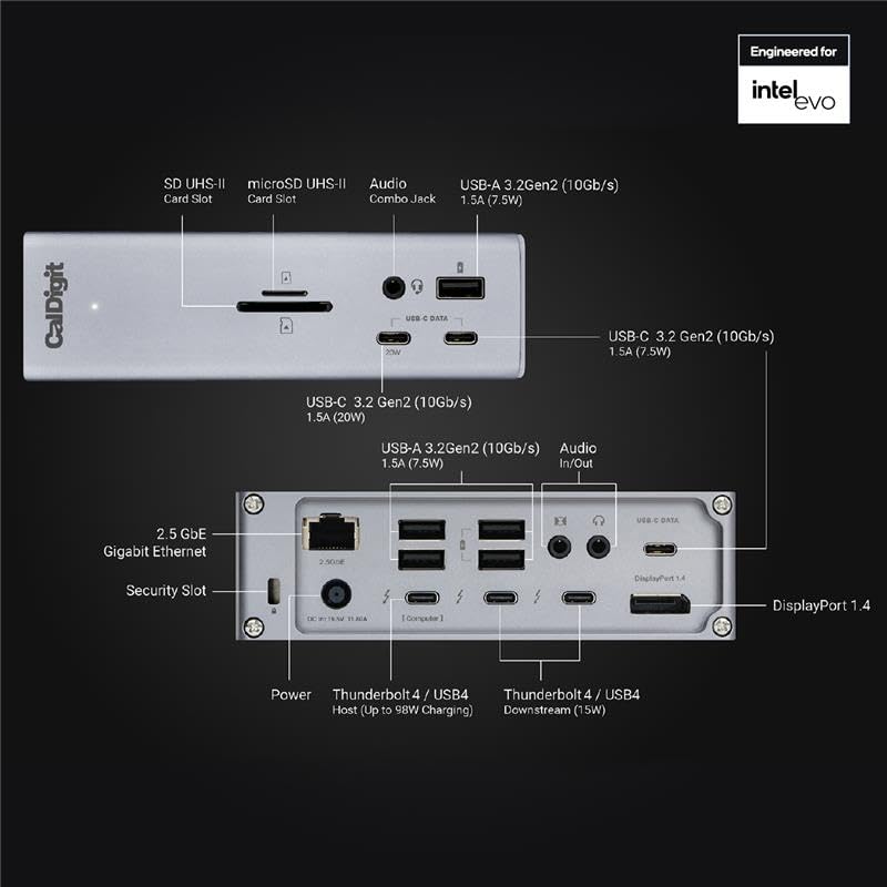 CalDigit 18-Port TS4 Thunderbolt 4 Dock, 98W Power Delivery, 3x Thunderbolt 4 Ports, 8x USB (10Gb/s), 2.5GbE Ethernet, Dual 8K Display Support, Space Gray