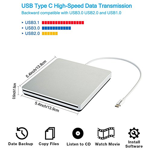 VikTck Portable External CD/DVD Drive VT967 USB Type C Silver