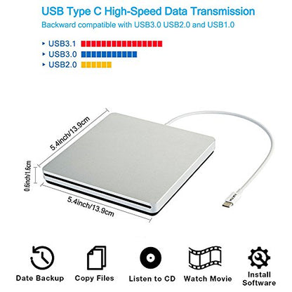 VikTck Portable External CD/DVD Drive VT967 USB Type C Silver