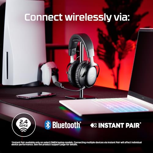 HyperX Wireless Headset A59YZAA, Bluetooth 5.0, 2.4GHz, Battery Life up to 120 Hours, 53mm Dynamic Drivers, Detachable Microphone – Black