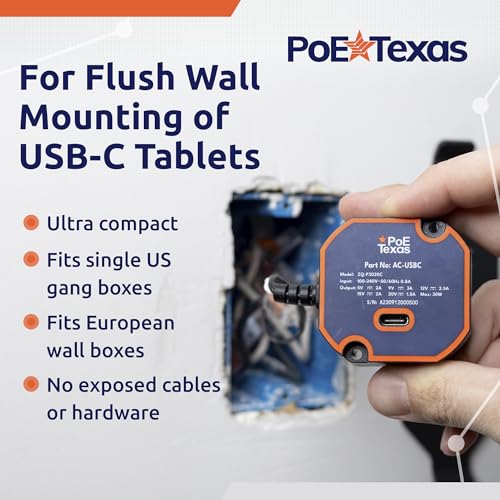 PoE Texas USB Type C Power Adapter - Model ZQ-P3020C, 30 Watts Output - In-Wall Mountable Power Source for Tablets