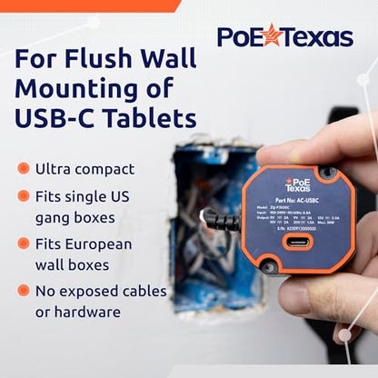 PoE Texas USB Type C Power Adapter - Model ZQ-P3020C, 30 Watts Output - In-Wall Mountable Power Source for Tablets