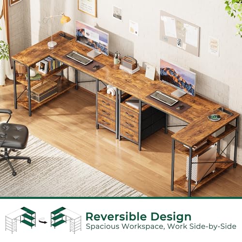 Huuger 47 inch L-Shape Computer Desk with Power Outlets, 3 Drawers, 2 Shelves, Rustic Brown