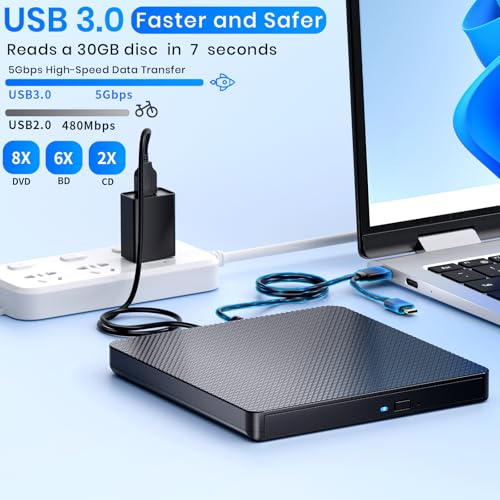 AELRSOCH External Blu-ray Drive Player USB 3.0 Type-C BD/DVD/CD Burner Portable