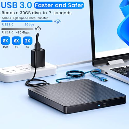 AELRSOCH External Blu-ray Drive Player USB 3.0 Type-C BD/DVD/CD Burner Portable