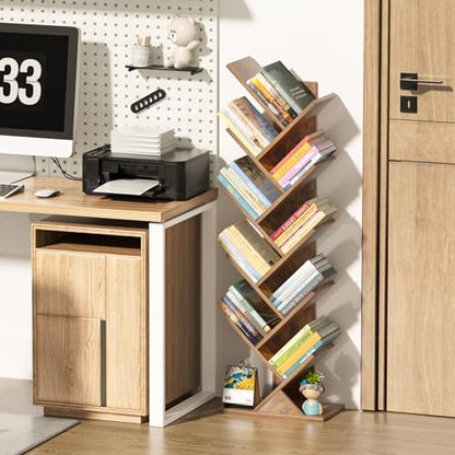 SHEEPAM 10 Tier Tree Book Shelf, Floor Mount, Wood, Unfinished Finish, Freestanding