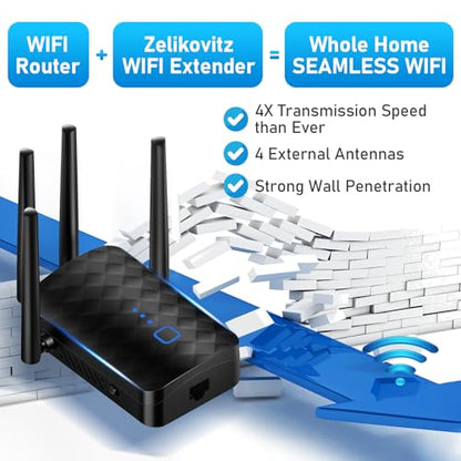 Zelikovitz WiFi Extender Signal Booster Black Model M-99A Dual-Band 2.4GHz & 5.8GHz 1200Mbps