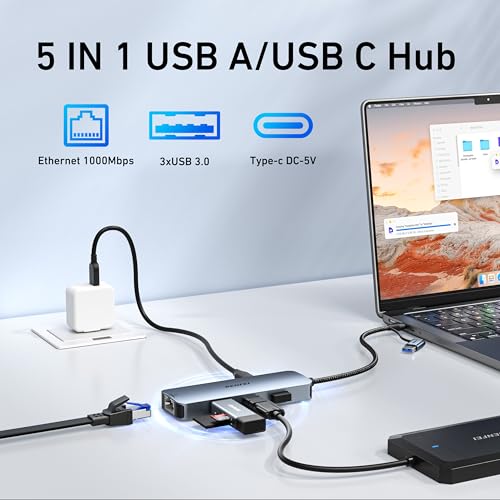 BENFEI USB-C to Gigabit Ethernet Adapter 000386grey 5Gbps Hub 3 Ports Silver Adapter