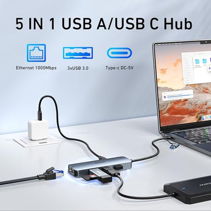 BENFEI USB-C to Gigabit Ethernet Adapter 000386grey 5Gbps Hub 3 Ports Silver Adapter