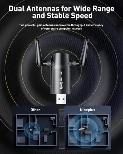 Nineplus Wireless USB WiFi Adapter 1300Mbps IEEE 802.11ac 2.6"L x 0.82"W x 0.39"H