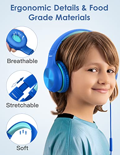Nabevi BH100 Over Ear Headphones for Children, Wired Design with Adjustable Volume Limit, Built-in Microphone, Compatible with Most Devices