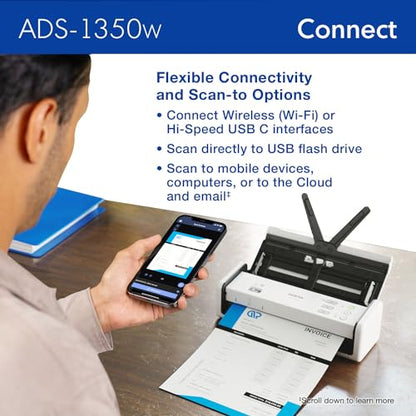 Brother ADS-1350W Document Scanner | 600 dpi | Compact design | USB, Ethernet, Wi-Fi Connectivity