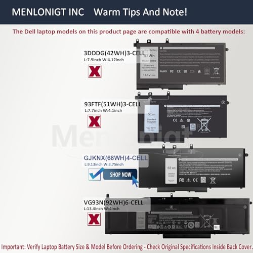 Menlonigt 68Wh GJKNX Laptop Battery 7.6V Compatible with Dell Latitude and Precision Series
