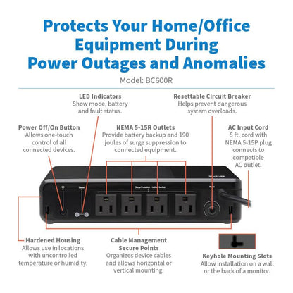 Tripp Lite 600VA UPS Battery Backup 120V 300W 4 Outlets Compact NEMA BC600R