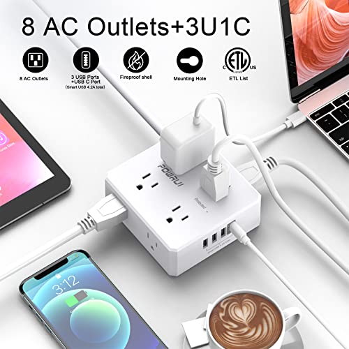 POWRUI 6 Ft AHR-803B Surge Protector Power Strip 8 Outlets 4 USB Ports 125 Volts White