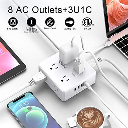 POWRUI 6 Ft AHR-803B Surge Protector Power Strip 8 Outlets 4 USB Ports 125 Volts White